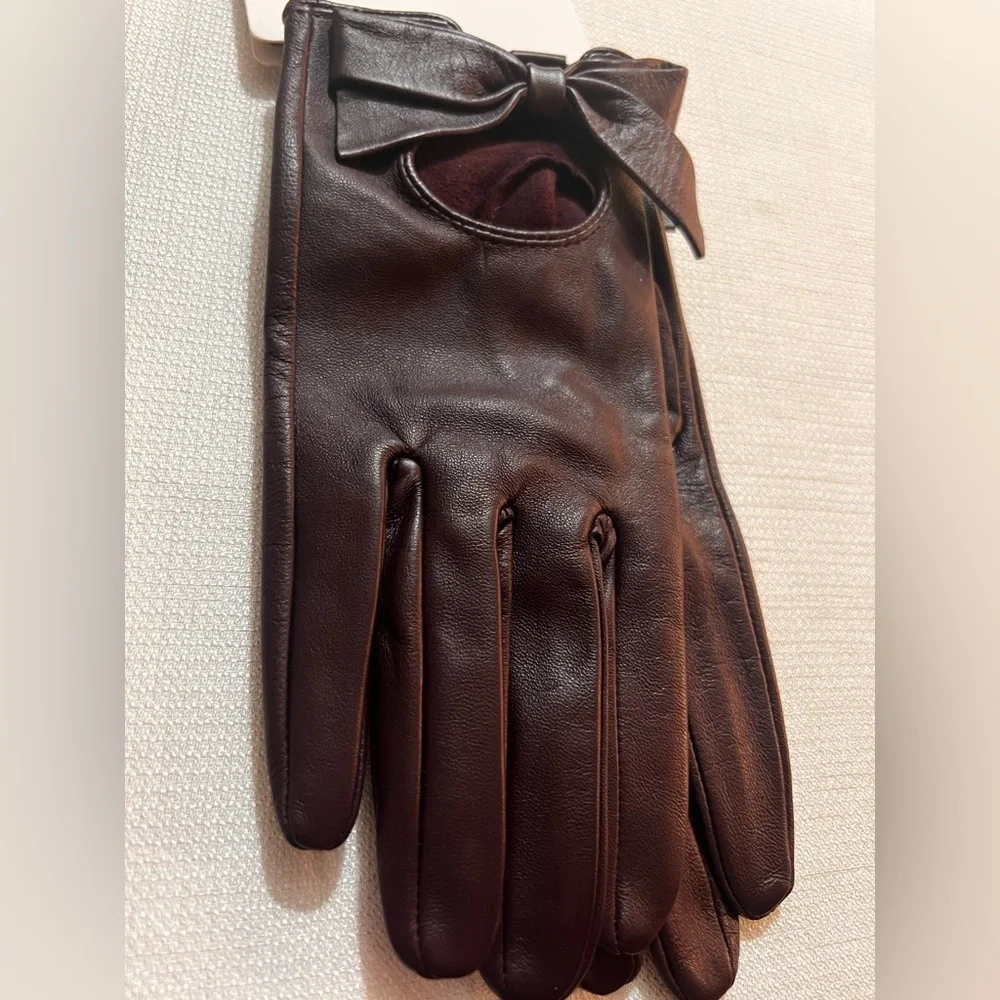 ZARA Burgundy Leather Gloves w Bows Size L New